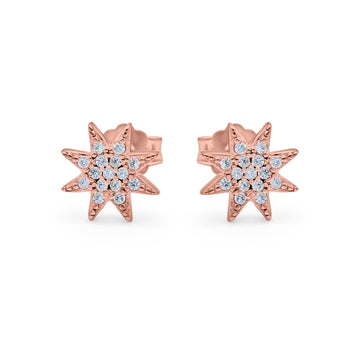 Starburst Stud Earrings Round Rose Tone, Simulated CZ 925 Sterling Silver